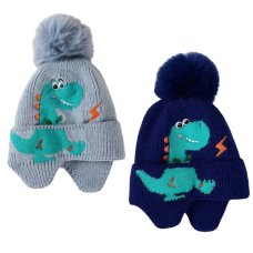 KIDS6243-1: Baby Fleece Lined Pom Hat With Dinosaur Embroidery (3-12 Months)